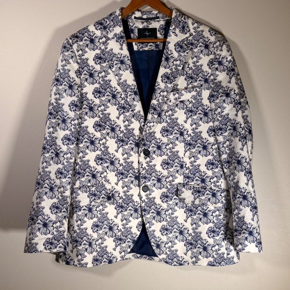 Tailorbyrd Collection Mens Blue White Floral Toile Blazer Sport Coat Jacket